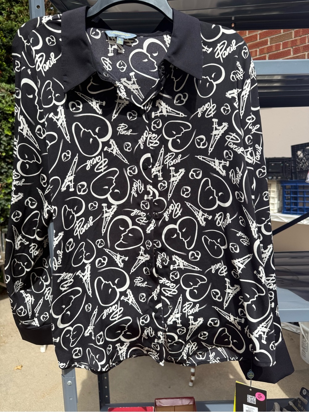 Catherine Malandrino Black and White Paris Heart Print Button-Down Shirt
